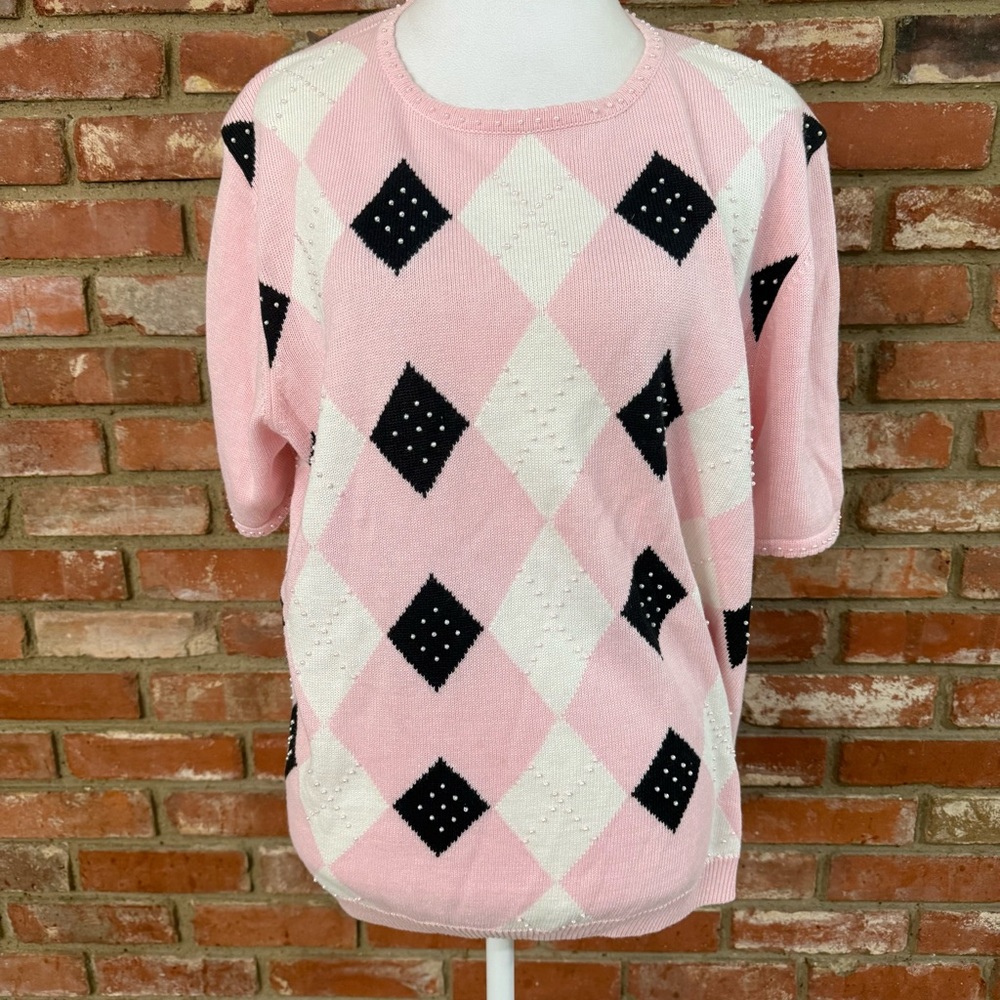 Vintage Pink Argyle Sweater with Black and White Accents